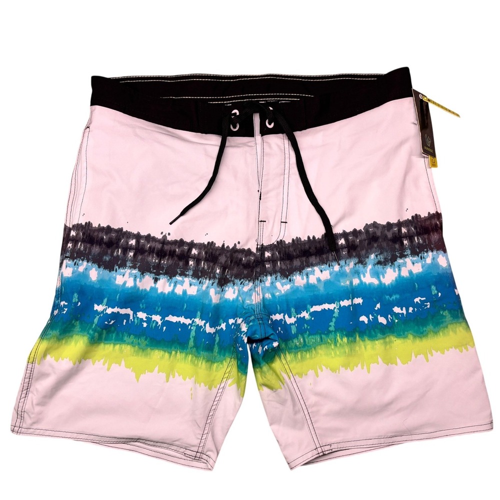 Burnside Board Shorts Men 32 White Blue Tie Dye Stripe Stretch Swim Trunks NWT
